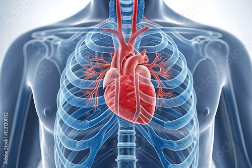Detailed anatomical illustration of human heart and ribcage, medical concept, cardiovascular system, blue background, 3D rendering