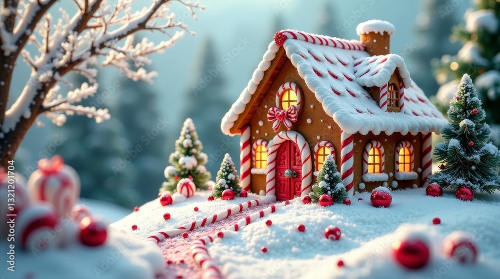 Enchanted Winter Wonderland with a Cozy Gingerbread House Decorated with Candy Canes and Festive Ornaments on a Snowy Hillside