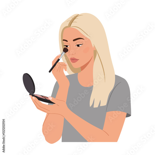 Woman applying makeup with brush in minimal flat vector art