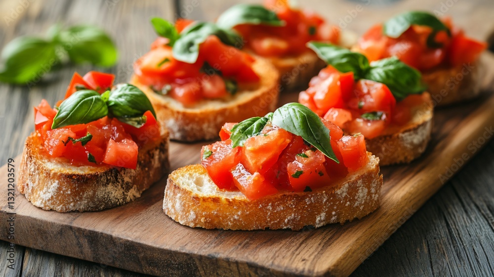 Exquisite Classic Bruschetta with Fresh Tomatoes and Basil Leaves for Gourmet Cooking Presentation Exquisite Classic Bruschetta with Fresh Tomatoes and Basil Leaves for Gourmet Cooking Presentation