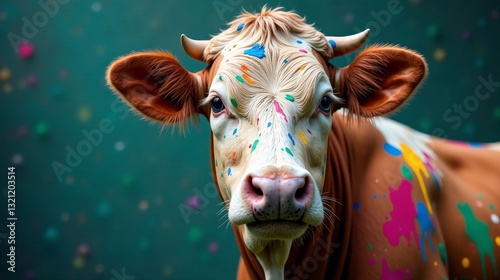 A Colorful Bovine Portrait  A close-up view of a young cow adorned with vibrant paint splatters, showcasing its expressive eyes and unique markings.
