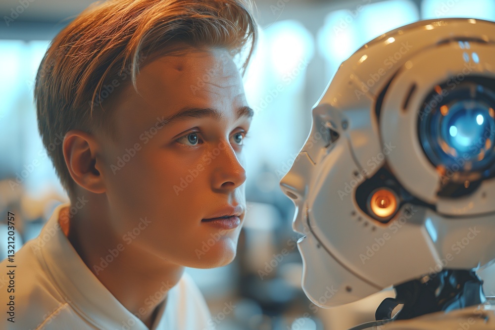 A young Caucasian male engages with an advanced humanoid robot, showcasing a moment of curiosity and connection. A young Caucasian male engages with an advanced humanoid robot, showcasing a moment of curiosity and connection.