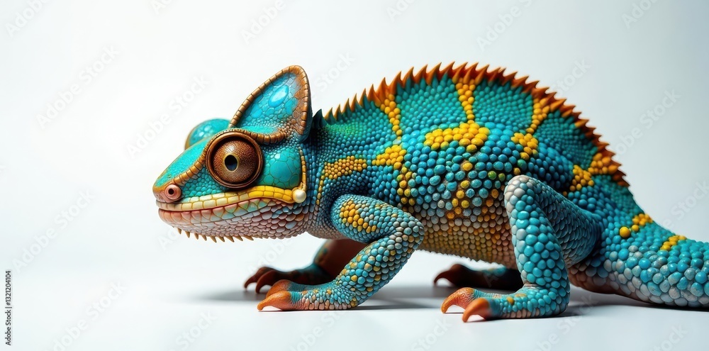 Fototapeta premium Striking blue and yellow Panther chameleon on white , nature photography, scales