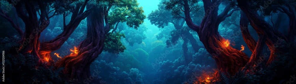 Naklejka premium Enchanted forest with glowing ethereal creatures, mystical fantasy realm, ultra-detailed