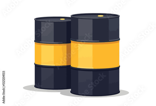 Two Black and Yellow Oil Drums on White