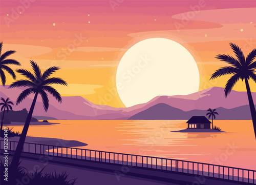 Tropical Sunset Over Water with Palms