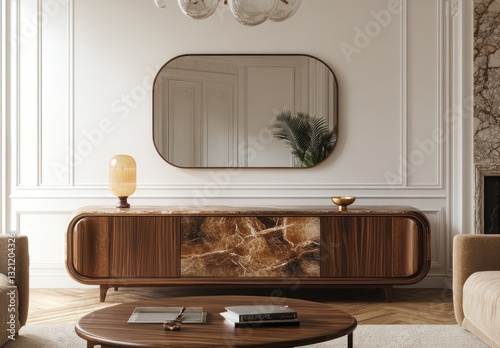Modern Wooden TV Stand, Oval Mirror, Beige Interior, Fireplace
