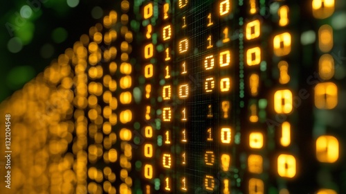 Glowing golden digital binary code in a futuristic data stream