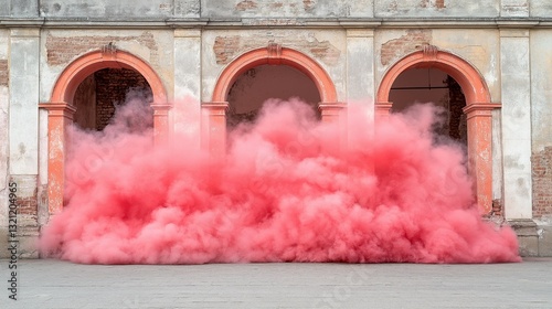 Dramatic red smoke explosion in front of an old brick building