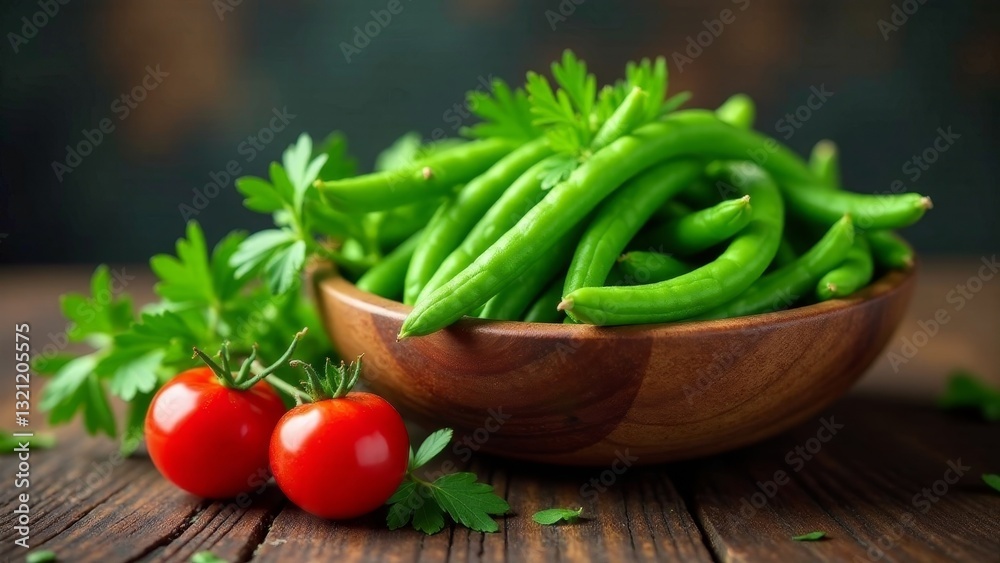 A vibrant bowl of fresh green beans, complemented by ripe red tomatoes and a garnish of fragrant parsley, rests on a rustic wooden surface. A vibrant bowl of fresh green beans, complemented by ripe red tomatoes and a garnish of fragrant parsley, rests on a rustic wooden surface.
