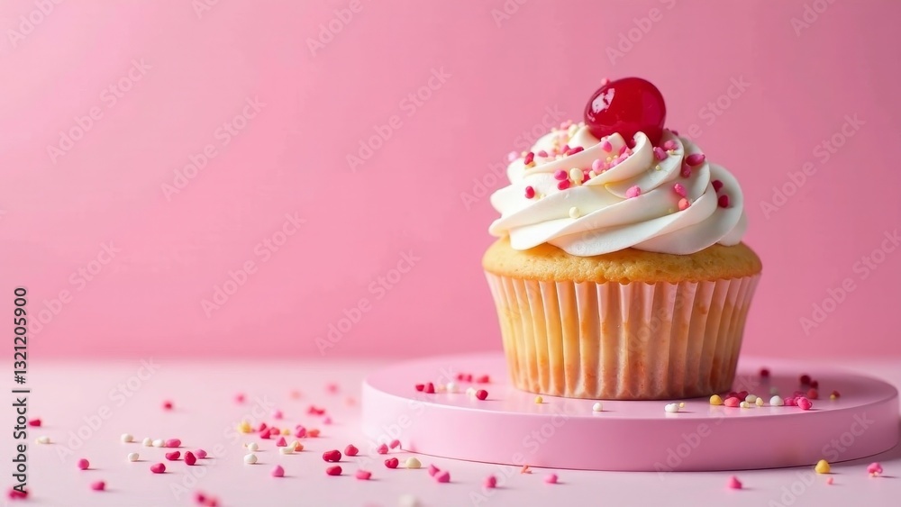 A Delectable Single Cupcake with Creamy Frosting and Sprinkles on a Pink Pedestal A Delectable Single Cupcake with Creamy Frosting and Sprinkles on a Pink Pedestal