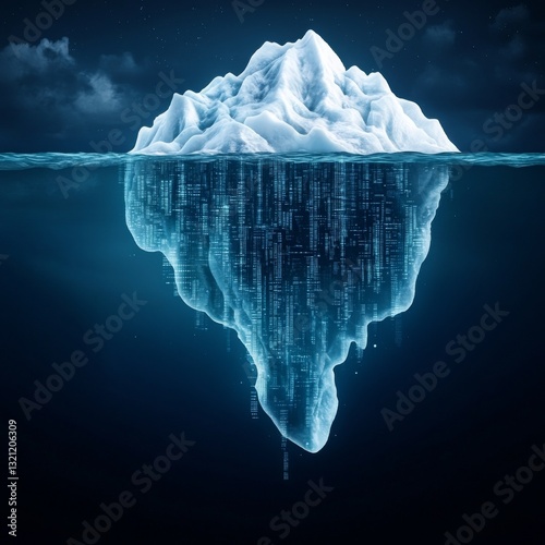 Melting icebergs transforming into floating digital data streams, climate change visualization