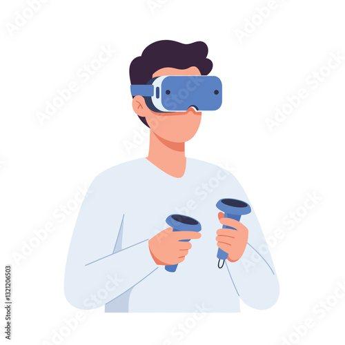 Person using virtual reality headset with controllers in flat vector art style