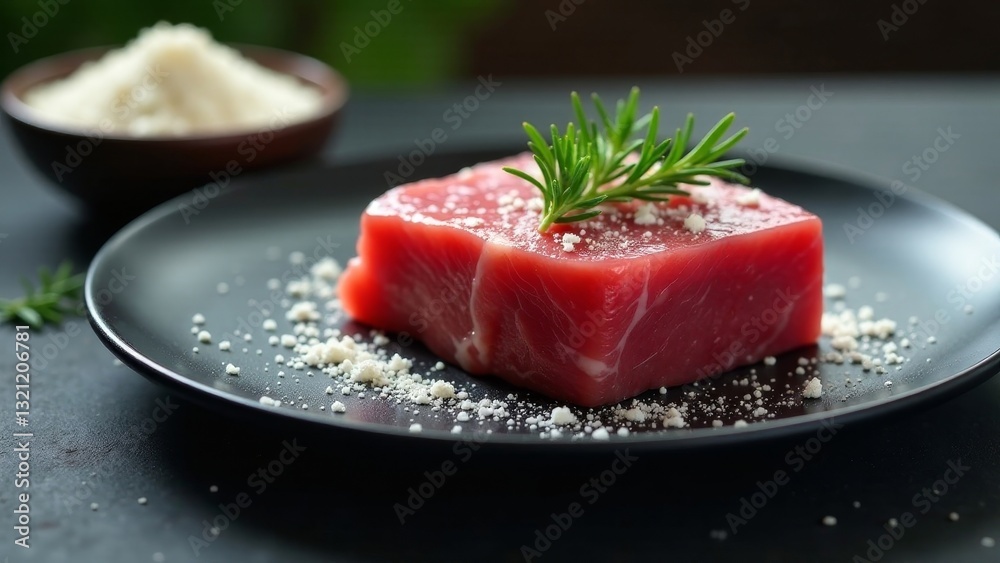 A succulent cut of seasoned beef, ready for cooking, sits elegantly on a dark plate, garnished with fresh herbs and a sprinkle of seasoning. A succulent cut of seasoned beef, ready for cooking, sits elegantly on a dark plate, garnished with fresh herbs and a sprinkle of seasoning.