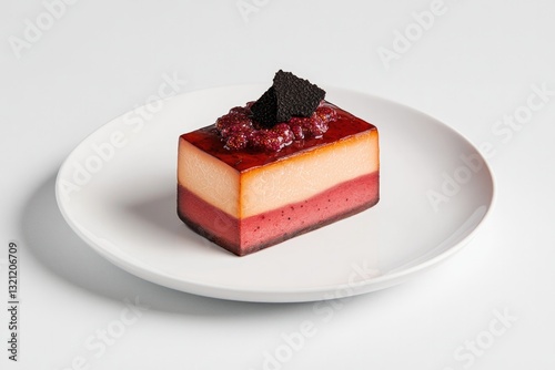 Layered dessert with vibrant colors, topped with cherry and choc
