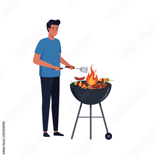 Man grilling delicious food on barbecue in flat vector art style
