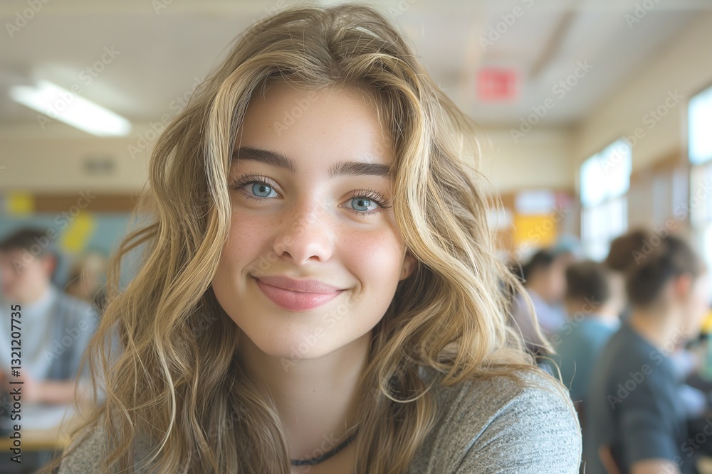 Cheerful young Caucasian girl with wavy hair and striking blue eyes, smiling warmly in a bright classroom setting. Cheerful young Caucasian girl with wavy hair and striking blue eyes, smiling warmly in a bright classroom setting.