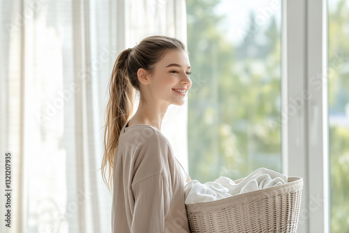 Free Download Happy young woman holding a laundry basket with fresh linens in a bright home with large windows and natural light - GFXLoad