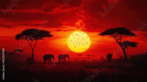 African elephants sunset savanna birds
