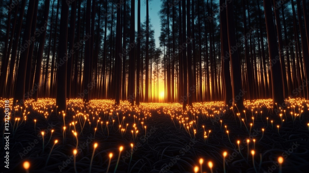 Naklejka premium Golden-hour forest with bioluminescent plants, glowing natural beauty, ultra-detailed magical realism