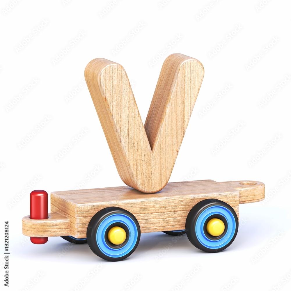 Wooden toy train font Letter V 3D