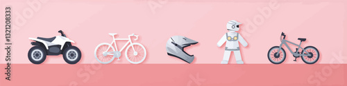 Papercut ATV, Bicycle, Helmet, and Figure on Pink.