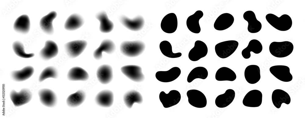 Liquid shapes, abstract forms with gradient noise gradation. Vector isolated set of silhouettes of watercolor style. Grain blobs or splashes of water, effect for motion design, blurry collection