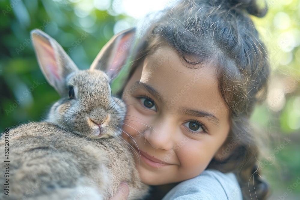 A smiling young girl of Middle Eastern descent holds a fluffy rabbit close, surrounded by lush greenery. A smiling young girl of Middle Eastern descent holds a fluffy rabbit close, surrounded by lush greenery.