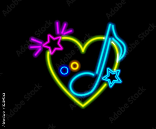 Neon music symbol, isolated tremble clef inside of heart with stars and circles in line art style. Vector glowing signboard with musical note. Night bright sign for entertainment establishment