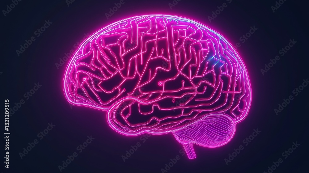 Fototapeta premium Cybernetic brain with intricate neon circuits, representing advanced AI neural networks, high-tech visualization