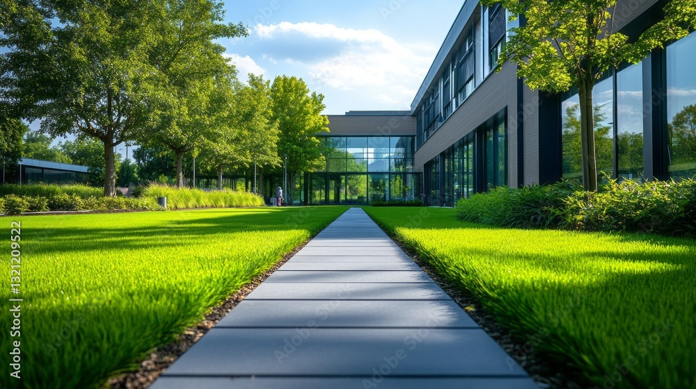 Fototapeta premium A vibrant green walkway of manicured grass leads up to a sleek, contemporary structure. The sun casts warm light, highlighting the lush environment and creating a serene atmosphere