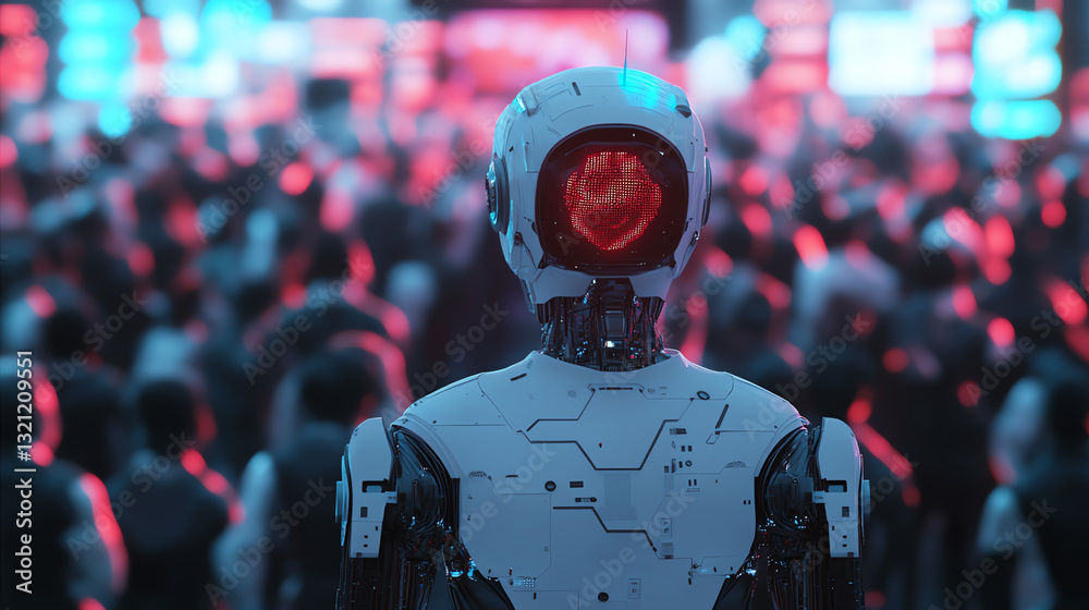 Fototapeta premium Futuristic robot observing a vibrant, crowded cityscape filled with neon lights.