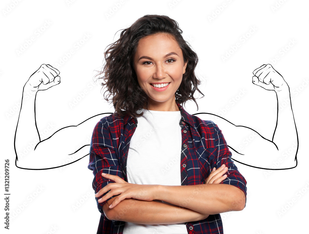 Confident woman with drawing of strong arms behind her on white background