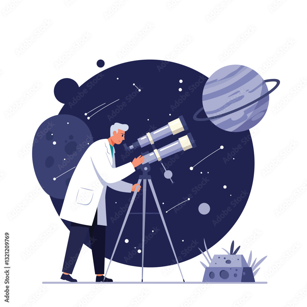 Obraz premium Scientist observing planets through telescope in minimal vector illustration