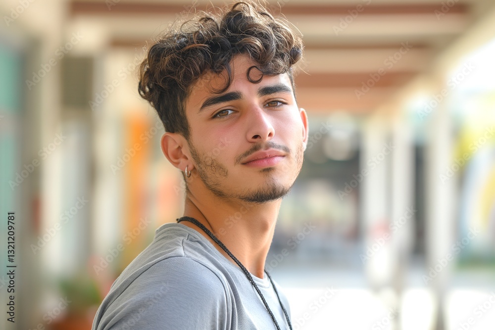 Fototapeta premium Young male with curly hair and a stylish look, exuding confidence in a softly blurred outdoor setting.
