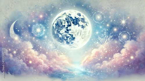 夜空に輝く満月と雲と星の水彩風イラスト