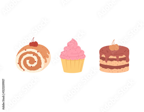 A colorful illustration of three sweet desserts: a cupcake with pink frosting, a chocolate cake, and a roll with icing and cherries. Perfect for menus, packaging, design, and culinary projects.