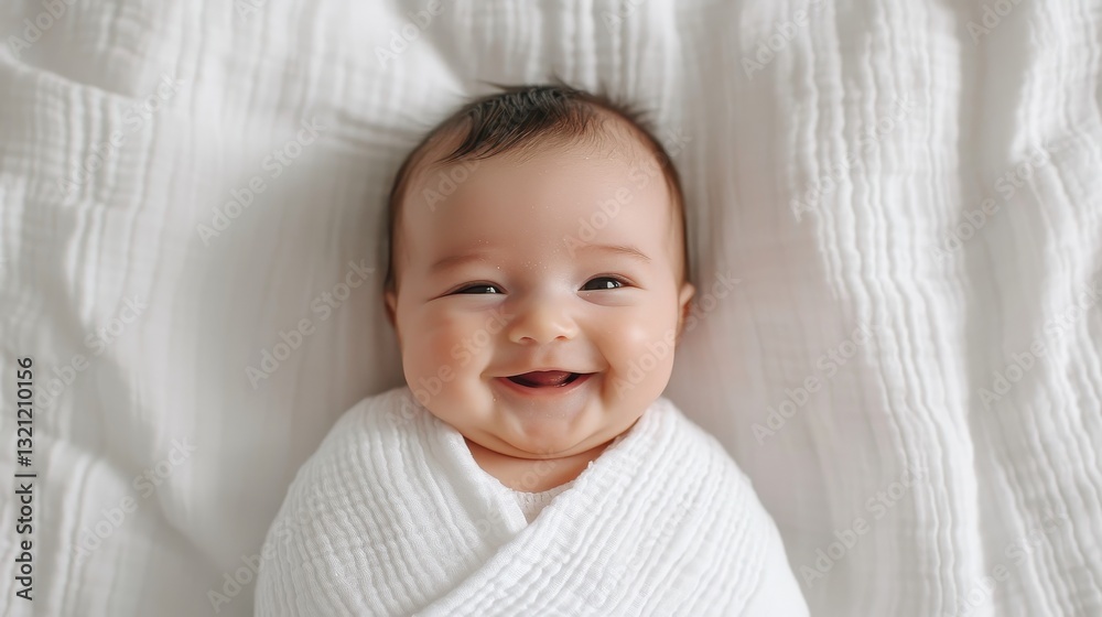 Adorable baby wrapped in a white blanket, smiling and looking at the camera. Concept of childhood, innocence, and baby care. Adorable baby wrapped in a white blanket, smiling and looking at the camera. Concept of childhood, innocence, and baby care.