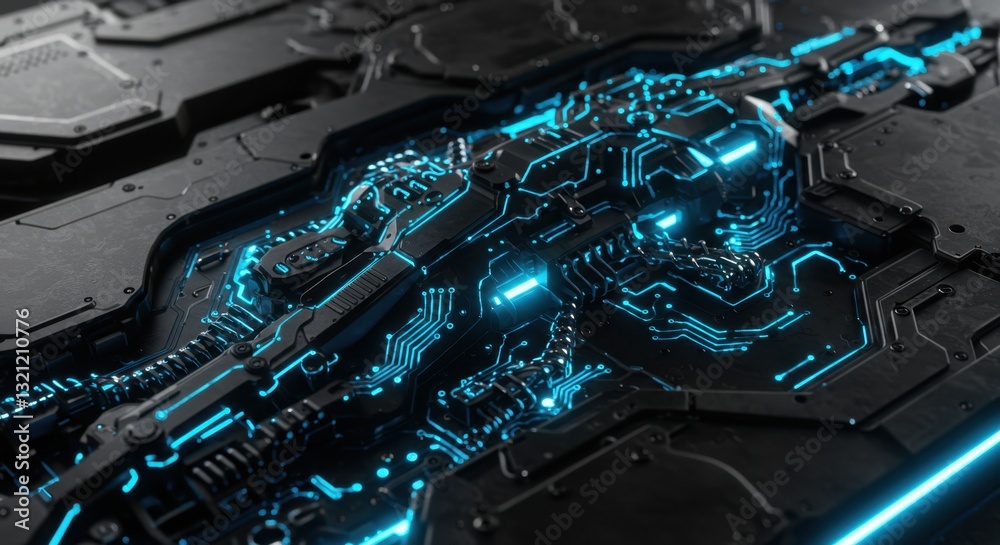 Fototapeta premium Futuristic Technology Abstract: Glowing Circuitry Panel Close-up