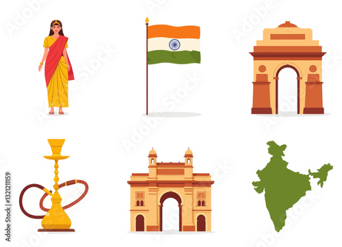Indian Landmarks and Cultural Icons, Flat Vector Set