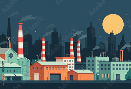 Industrial Cityscape: Factory Chimneys, Moonlit Night