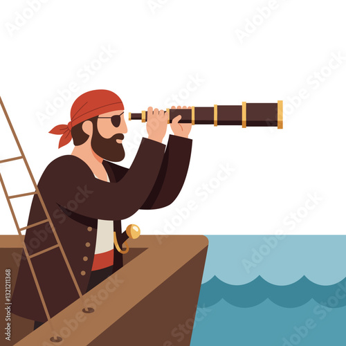 Pirate captain looking through telescope on boat in flat vector art
