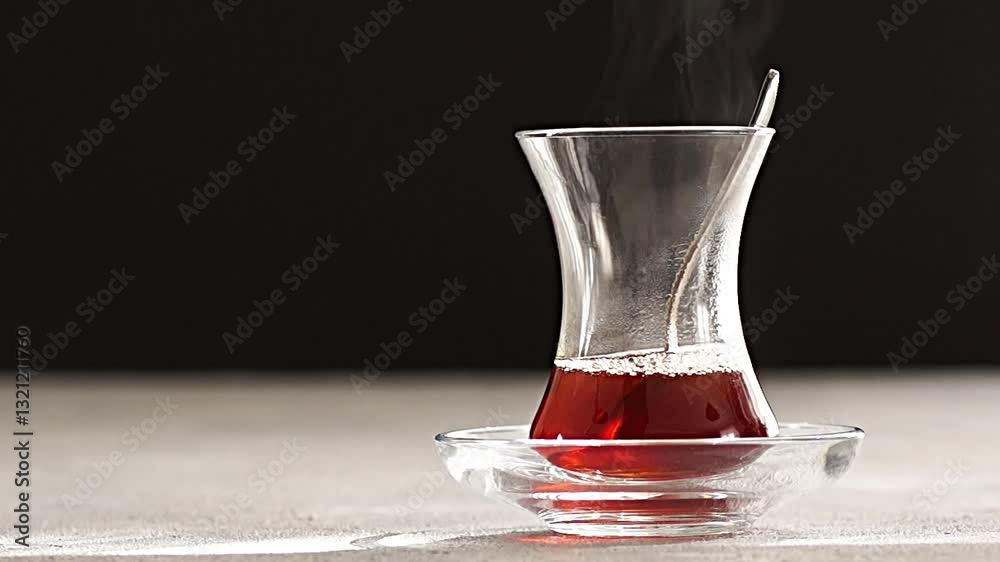Hot fresh turkish black tea pouring from teapot into a glass,  turkish most famous drink