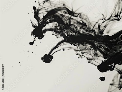 Abstract fluidity, Black ink creating mesmerizing patterns on light canvas