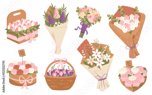 Flower bouquets wrapped in craft paper package, gift box and present wicker basket isolated set