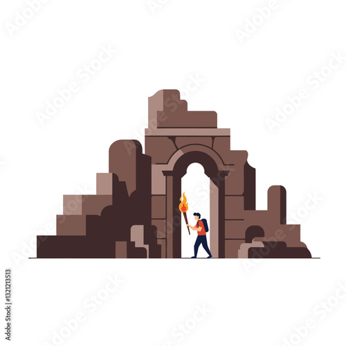 Adventurer exploring ancient ruins with torch in flat vector illustration