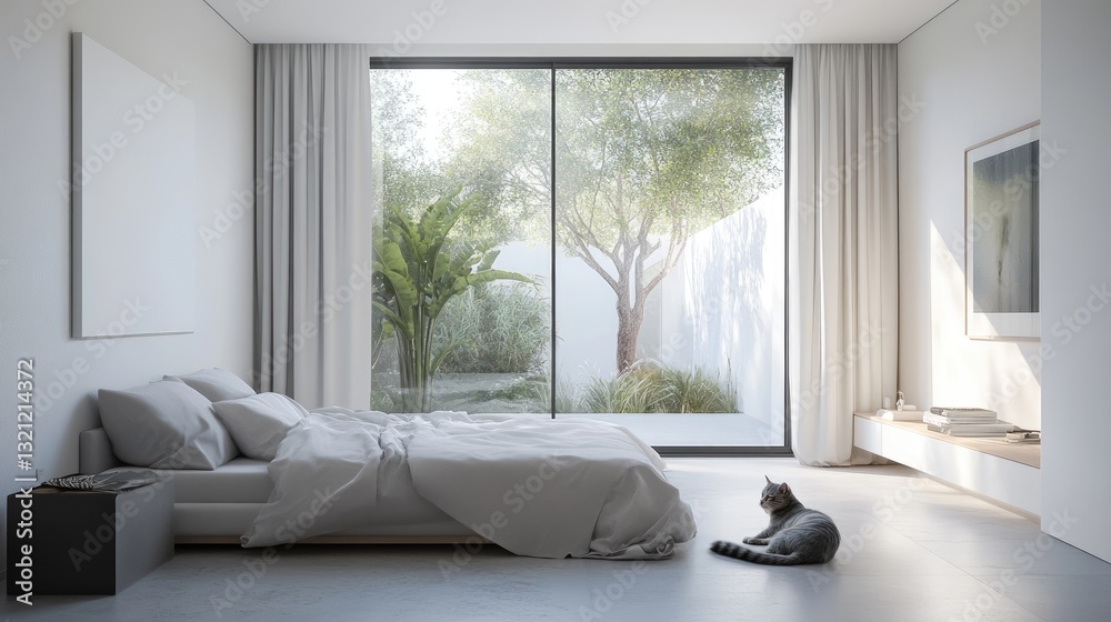 Fototapeta premium Modern Bedroom with Large Window and Serenity of Nature Outside