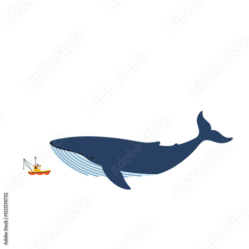 Large blue whale swimming beside a small fishing boat in flat vector art