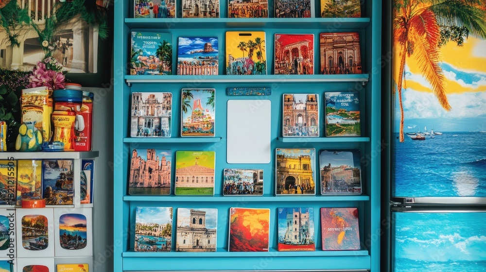 Obraz premium A refrigerator decorated with vibrant international magnets, featuring a central blank Polaroid space for personal photos or notes, blending global flair with personal memories.