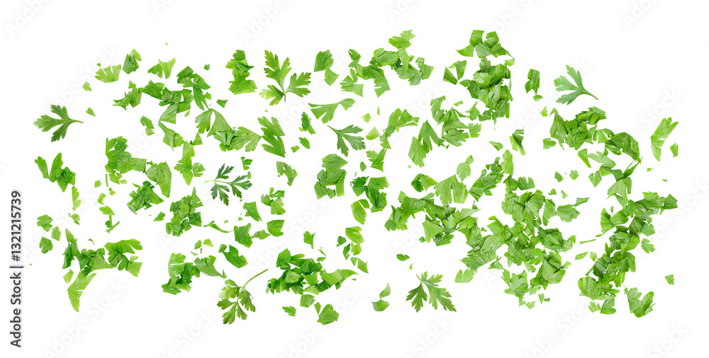 Fresh green parsley leaves falling on white background Fresh green parsley leaves falling on white background